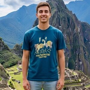 Machu Picchu Peru‎ Shirt Unisex Medium Llama Alpaca Short Sleeve Teal Blue Green